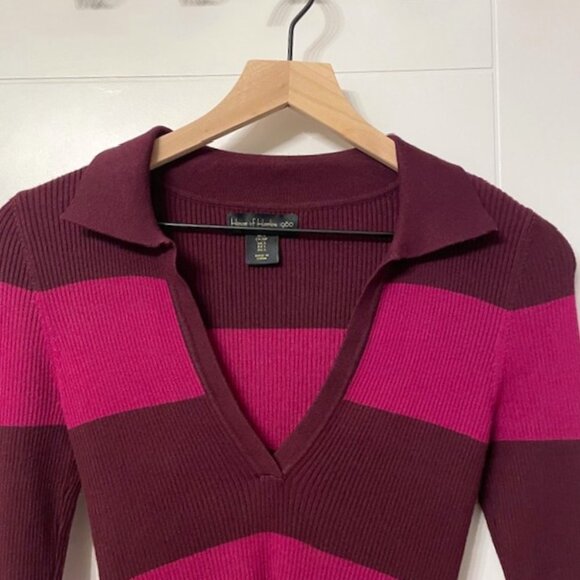 House of Harlow 1960 Ribbed Striped Colorblock Collared V-Neck Sweater Small - Picture 3 of 12